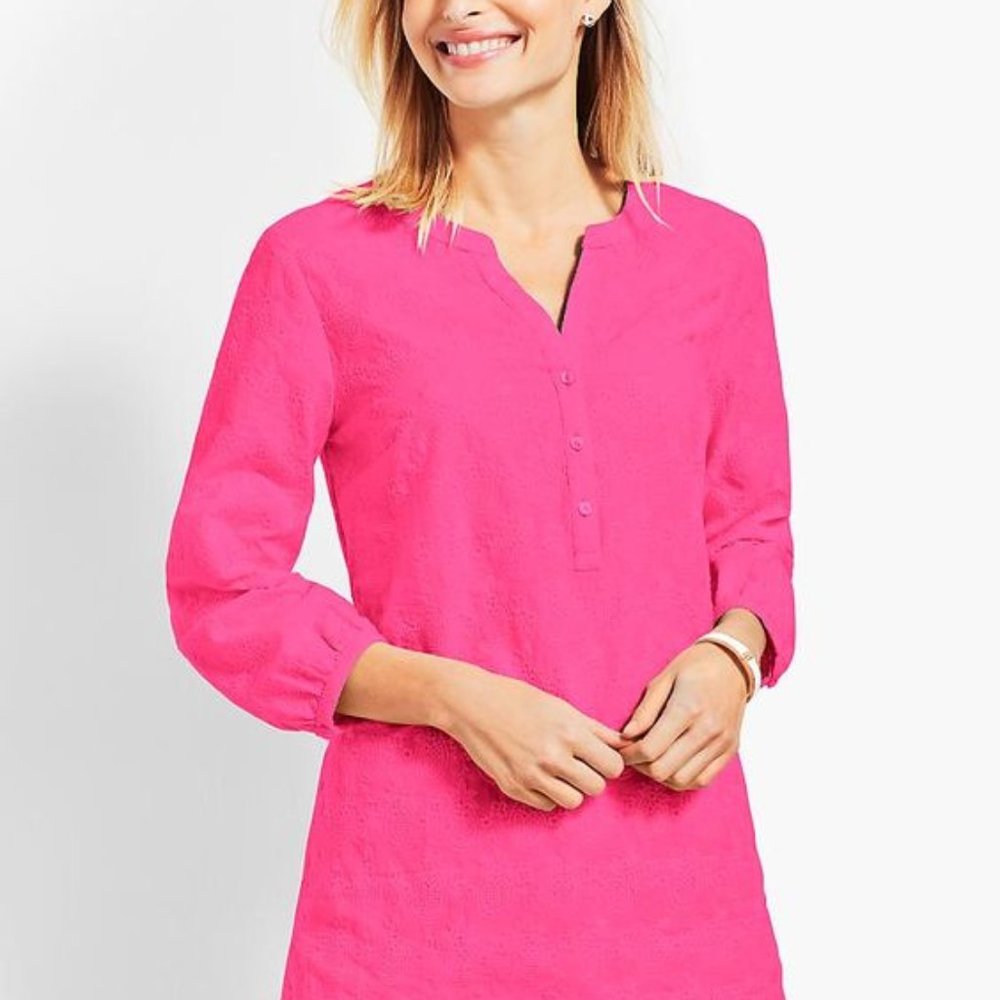 TWO Talbots Eyelet Pintuck Popover-Pineapple Party Sz M Pink NWT & White EUC